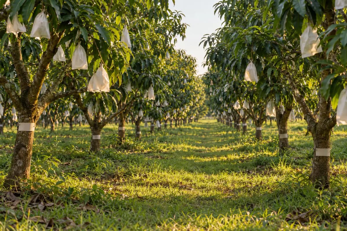 Hai hàng xoài trong vườn, quả được bao túi, thân cây quấn dải băng trắng