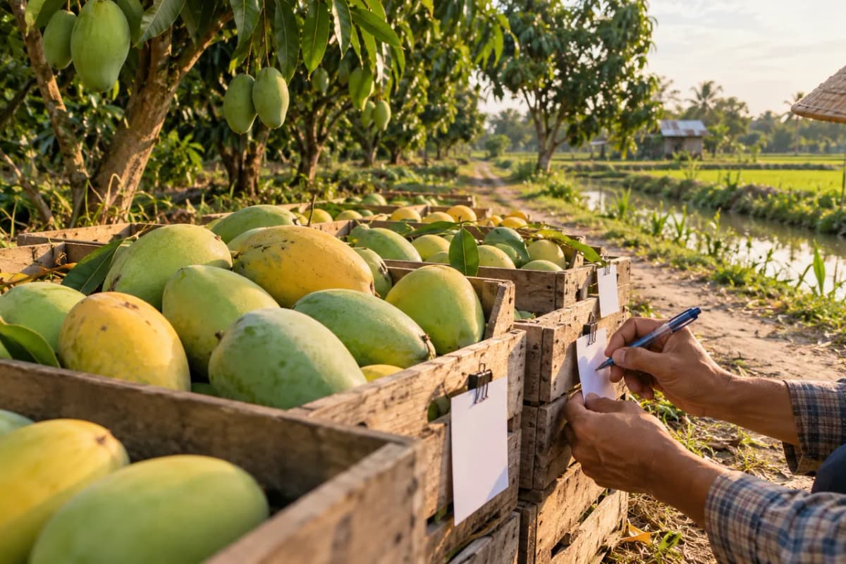 Thùng xoài mới thu hoạch gắn thẻ giấy ở lối đi trong vườn