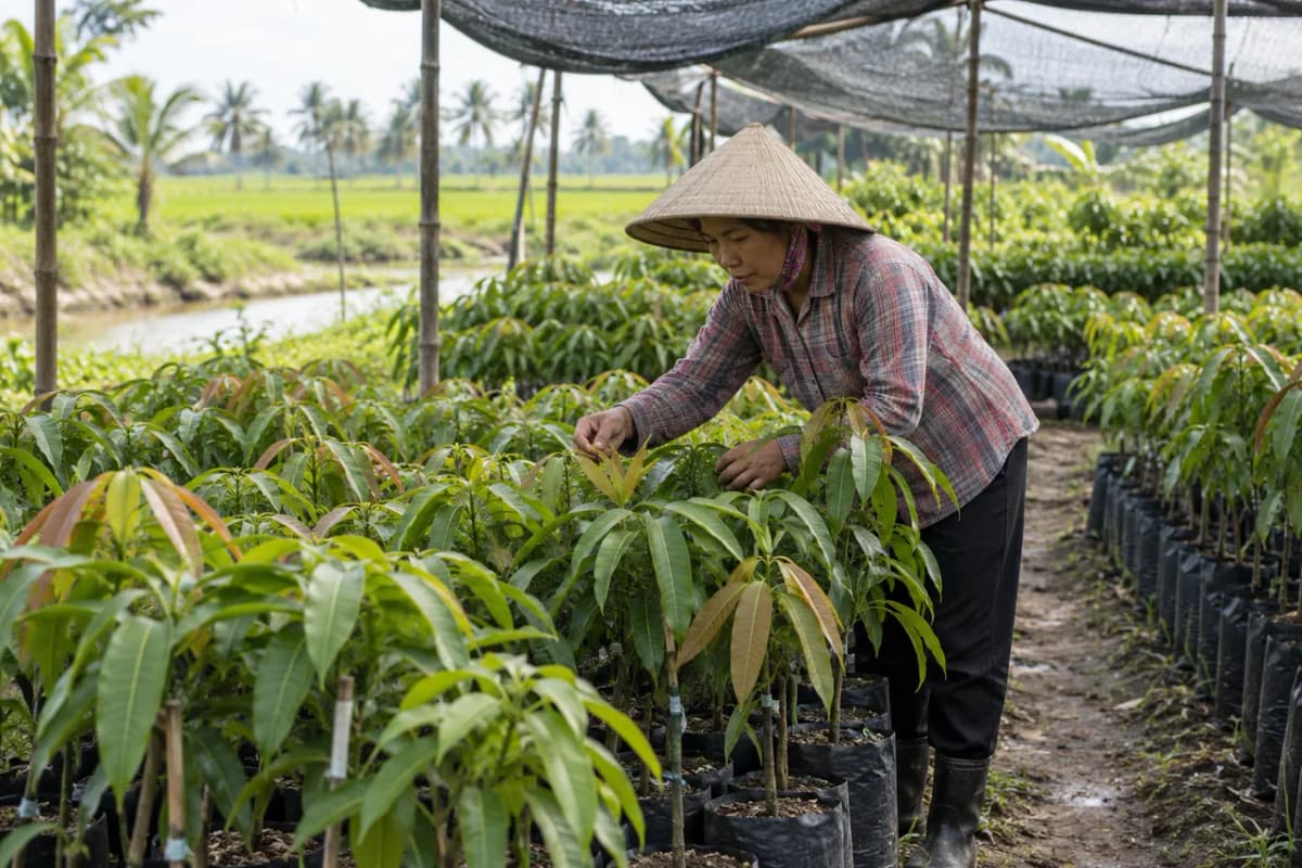 Người làm vườn kiểm tra cây xoài giống ghép trong vườn ươm có lưới che