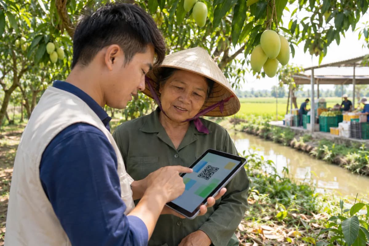 Cộng tác viên hướng dẫn một nông dân nhập dữ liệu trên máy tính bảng trong vườn xoài
