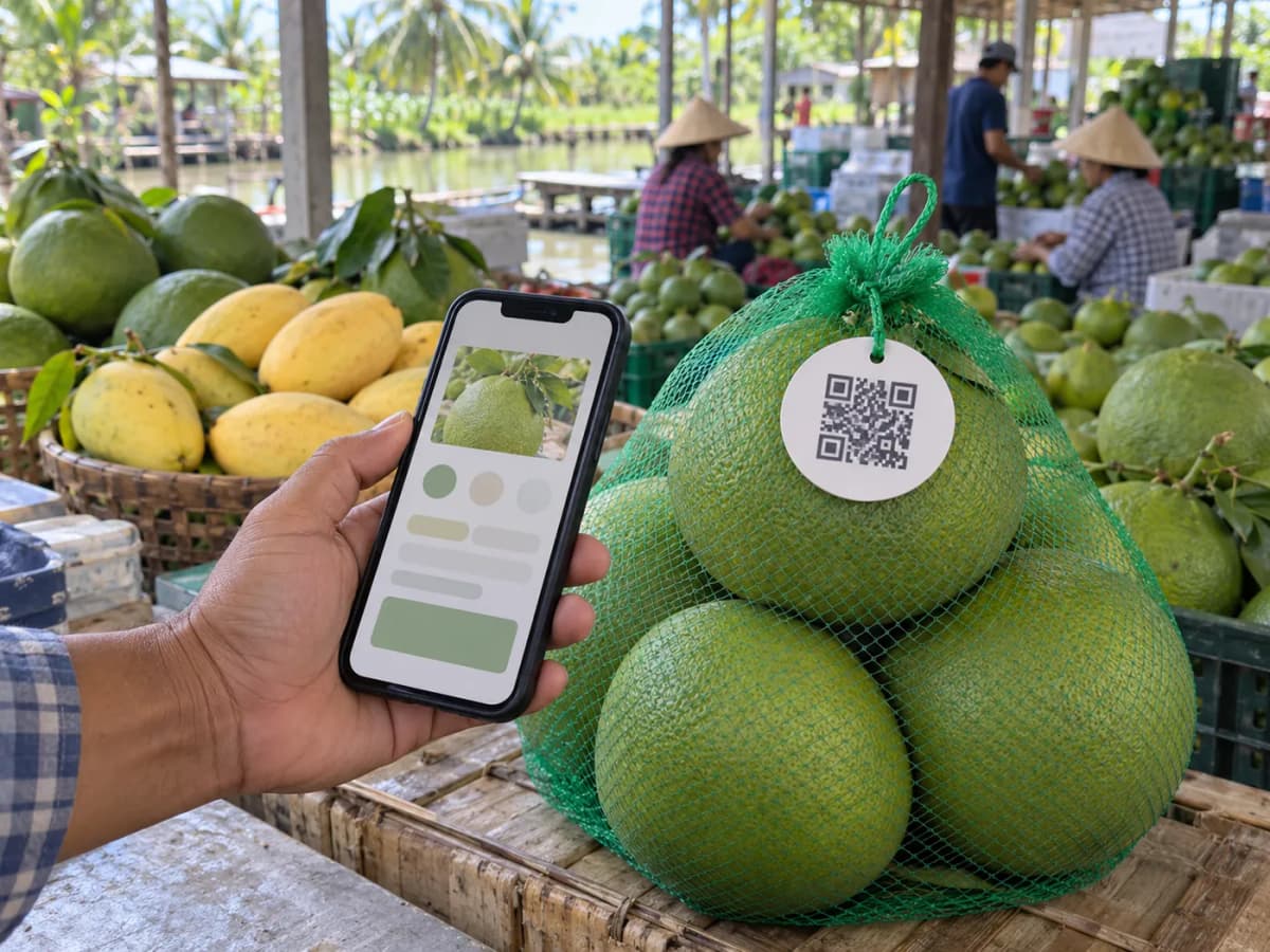 Điện thoại quét mã QR trên tem treo ở túi lưới bưởi da xanh