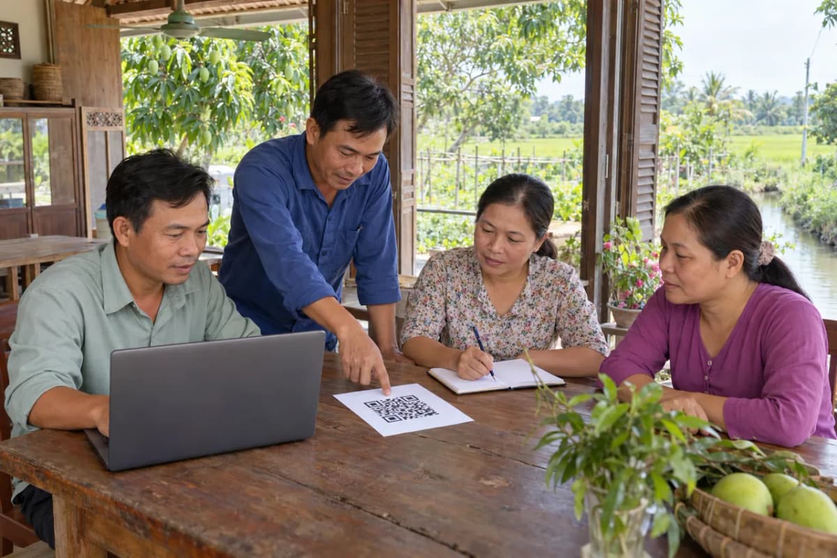 Các thành viên hợp tác xã làm việc cùng nhau bên máy tính, sổ ghi chép và tờ giấy có mã QR