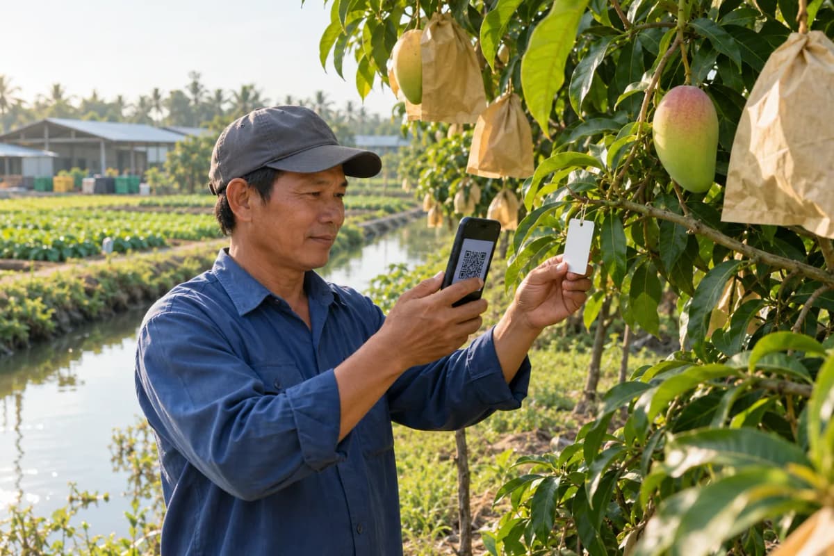 Nông dân dùng điện thoại đọc thẻ nhỏ buộc trên cành xoài ngay trong vườn