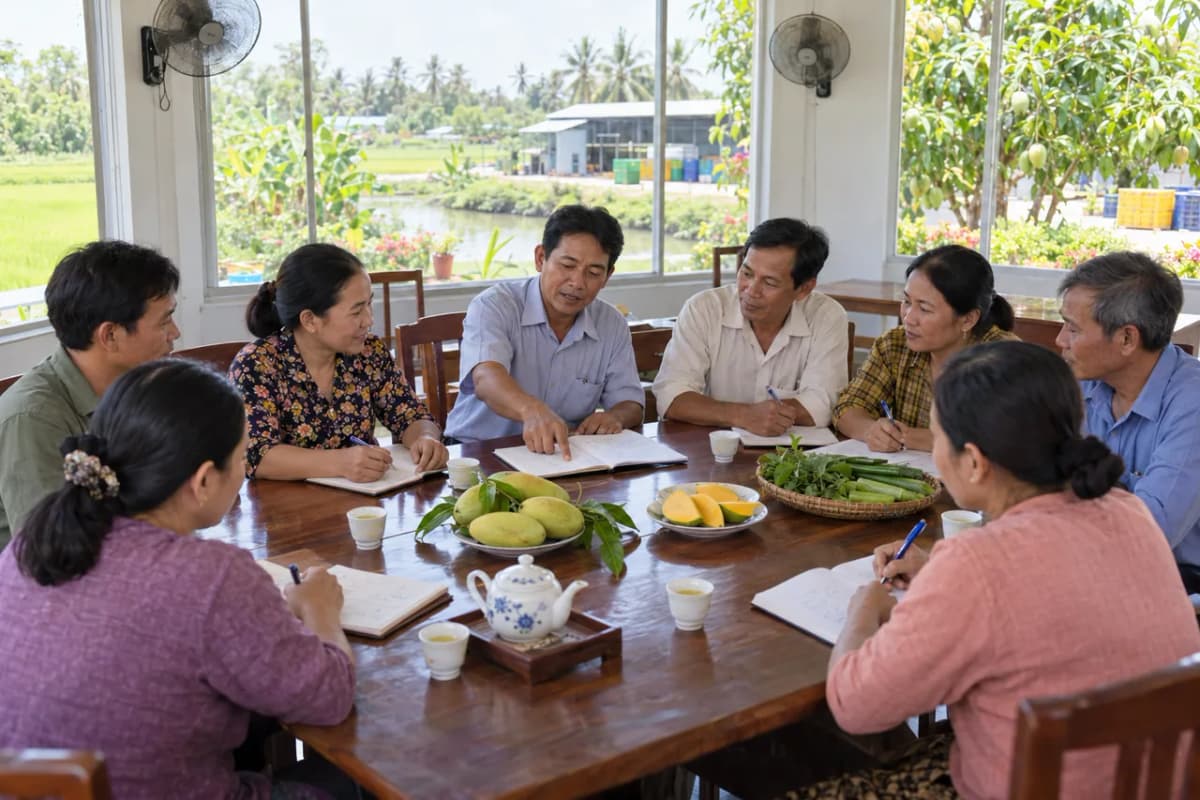 Các thành viên hợp tác xã họp quanh bàn dài, ghi chép bên đĩa xoài và ấm trà