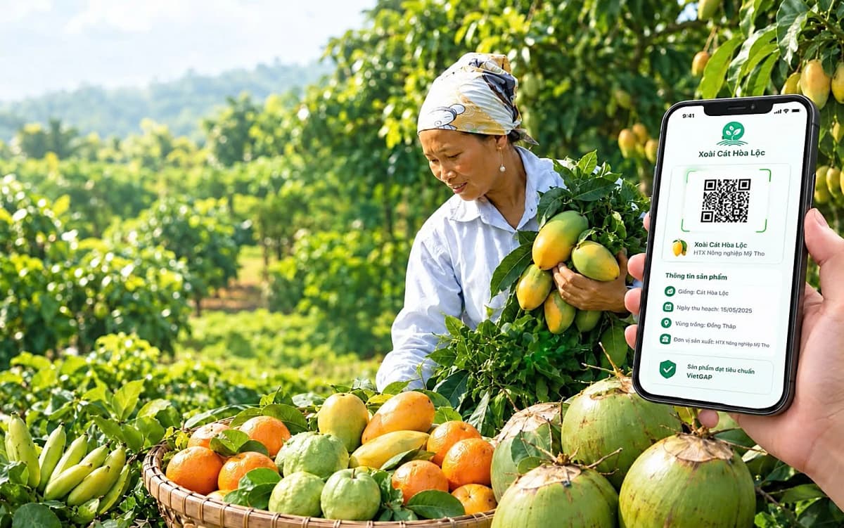 Nông dân thu hoạch xoài Cát Hòa Lộc và mở hồ sơ QR của sản phẩm trên điện thoại