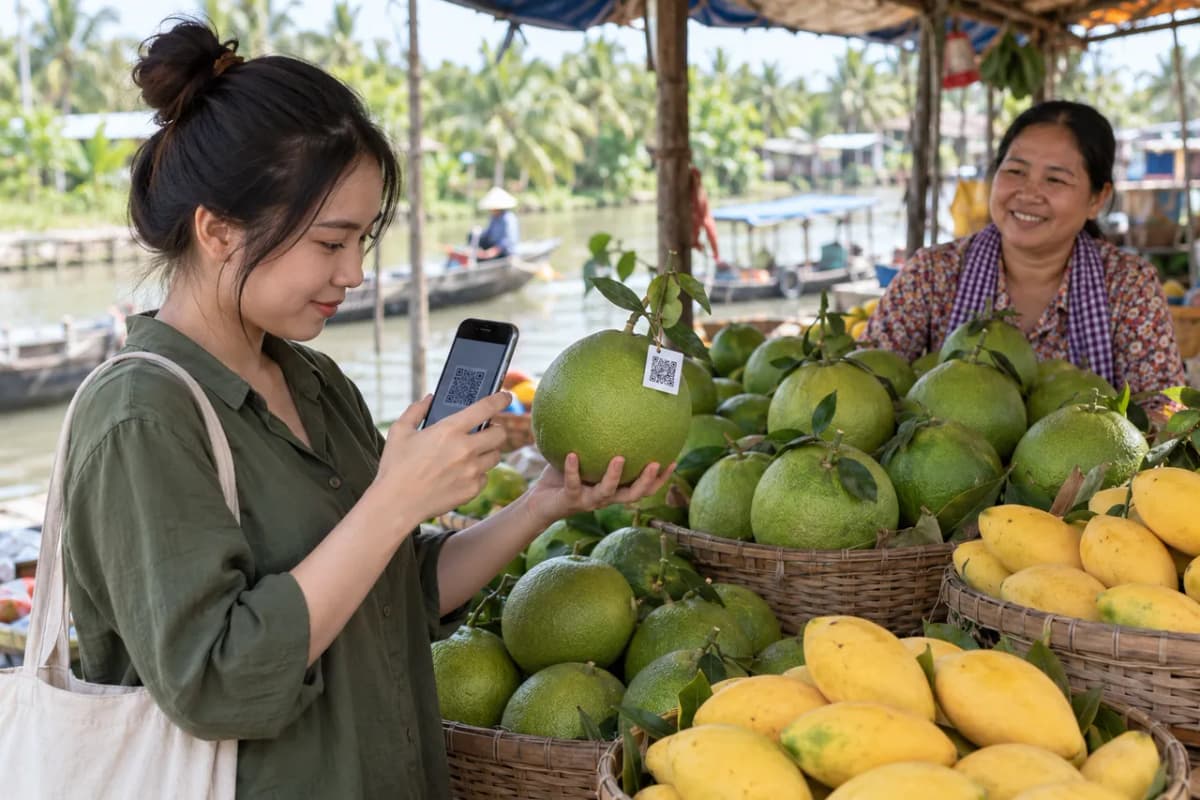 Người mua dùng điện thoại quét mã QR trên trái bưởi ở sạp trái cây ven kênh