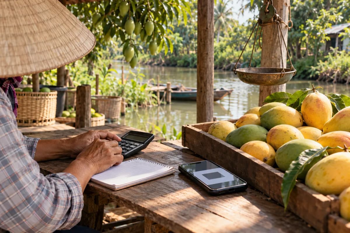Bàn tay bấm máy tính cạnh cuốn sổ, điện thoại và khay xoài ở quầy bán ven kênh