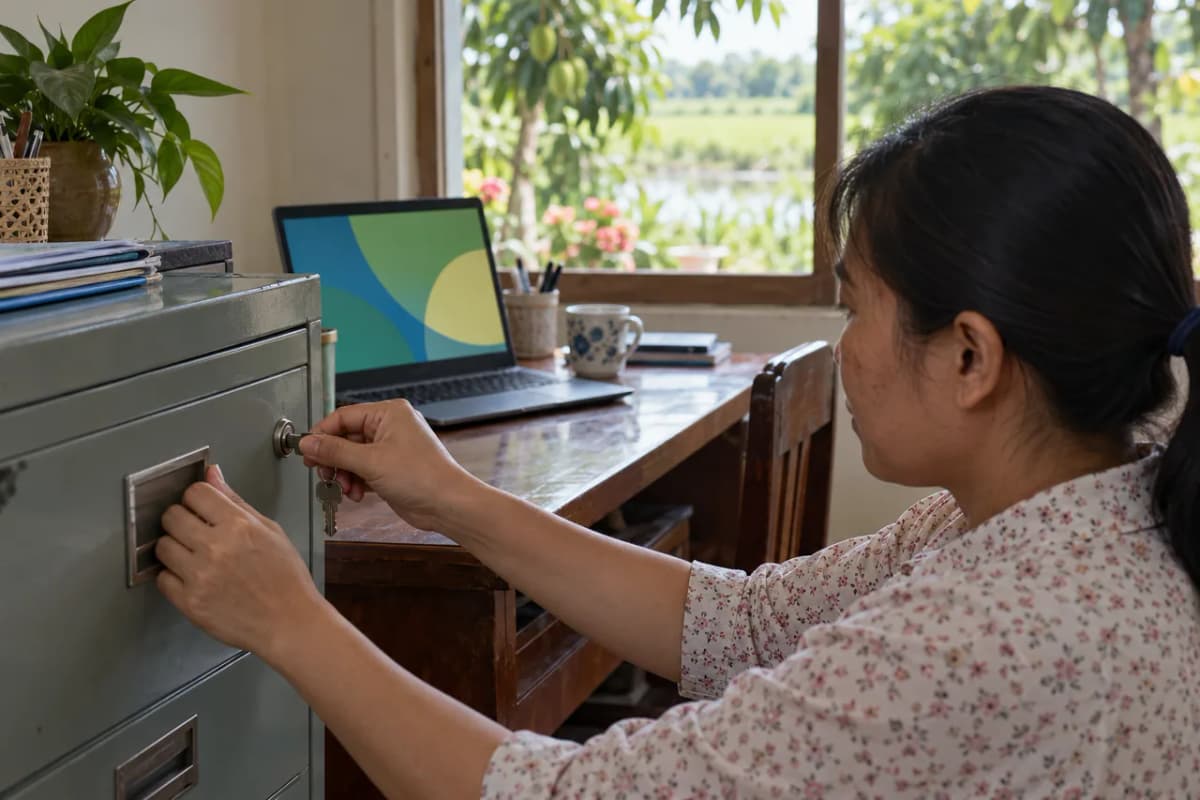 Cán bộ hợp tác xã khóa tủ hồ sơ trong văn phòng nhìn ra vườn