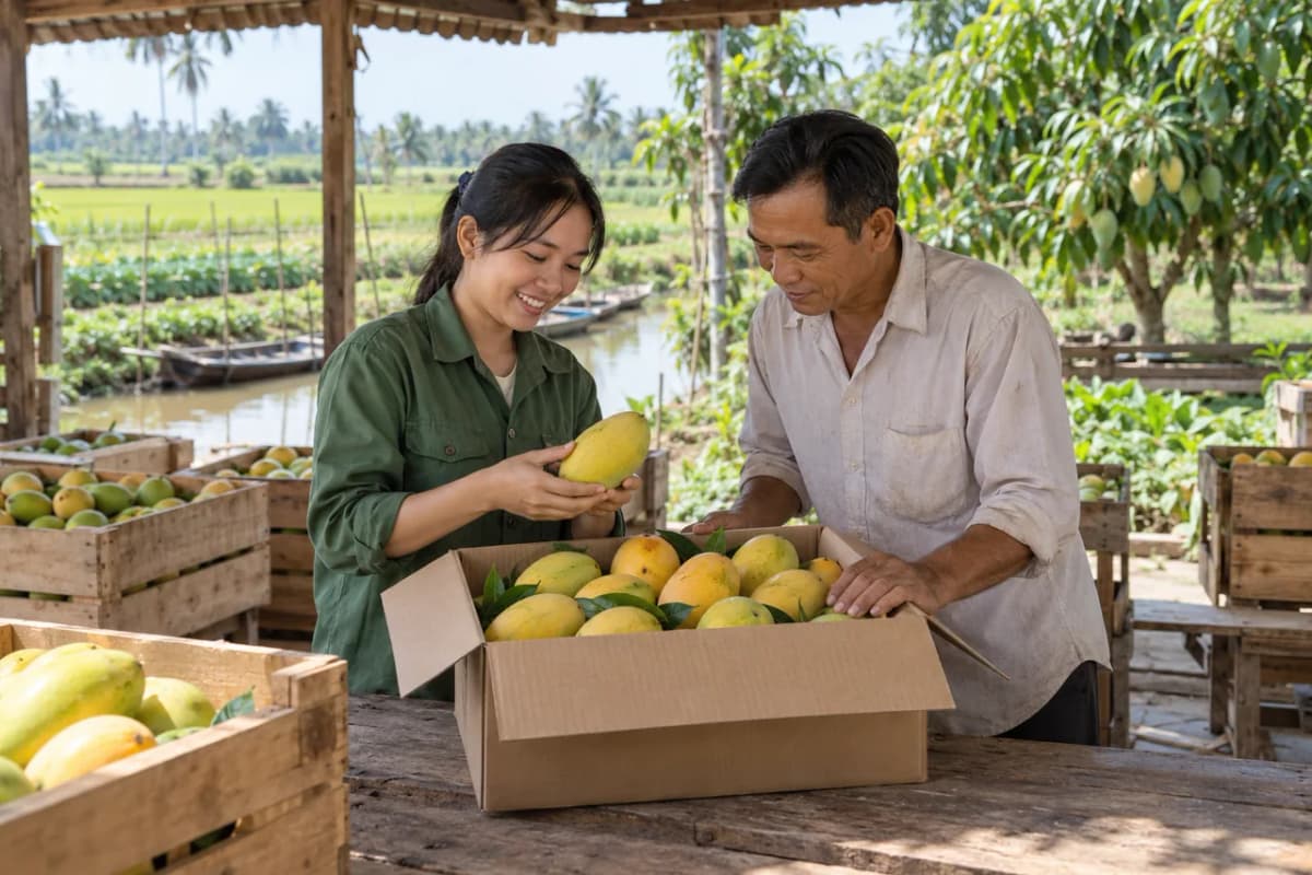 Hai người cùng mở thùng xoài để kiểm tra trái, sọt xoài xếp quanh dưới mái hiên nhà vườn