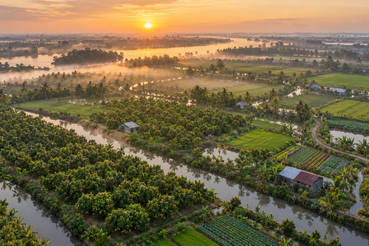 Vùng trồng cây ăn trái ở đồng bằng sông Cửu Long nhìn từ trên cao lúc bình minh