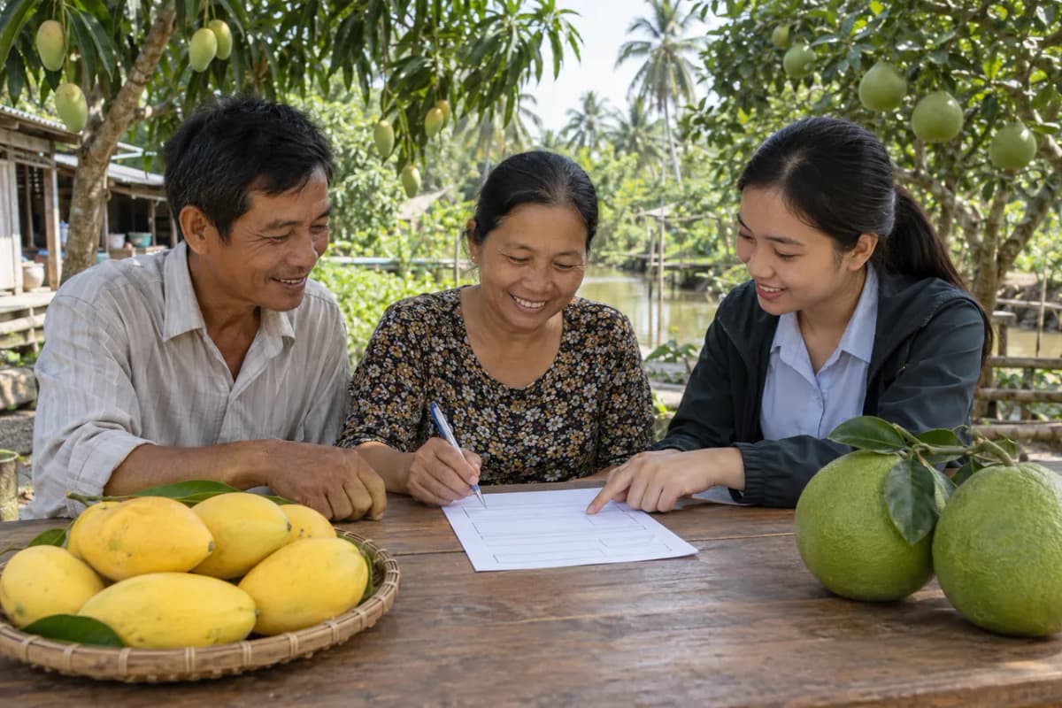 Ảnh minh họa: cộng tác viên hướng dẫn đôi vợ chồng nông dân điền phiếu đăng ký bên bàn có xoài và bưởi