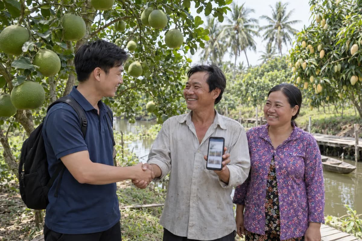 Ảnh minh họa: cộng tác viên bắt tay bác nông dân đang cầm điện thoại xem hồ sơ vườn, vợ bác đứng cạnh, trong vườn bưởi bên kênh