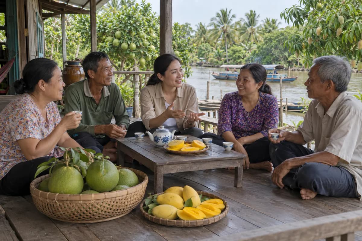 Ảnh minh họa: chị cộng tác viên uống trà trò chuyện với bà con hàng xóm ở hiên nhà bên kênh
