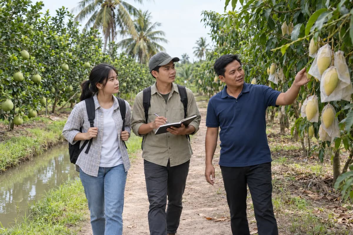 Ảnh minh họa: sinh viên, kỹ sư nông nghiệp và cán bộ hợp tác xã cùng đi trong vườn xoài