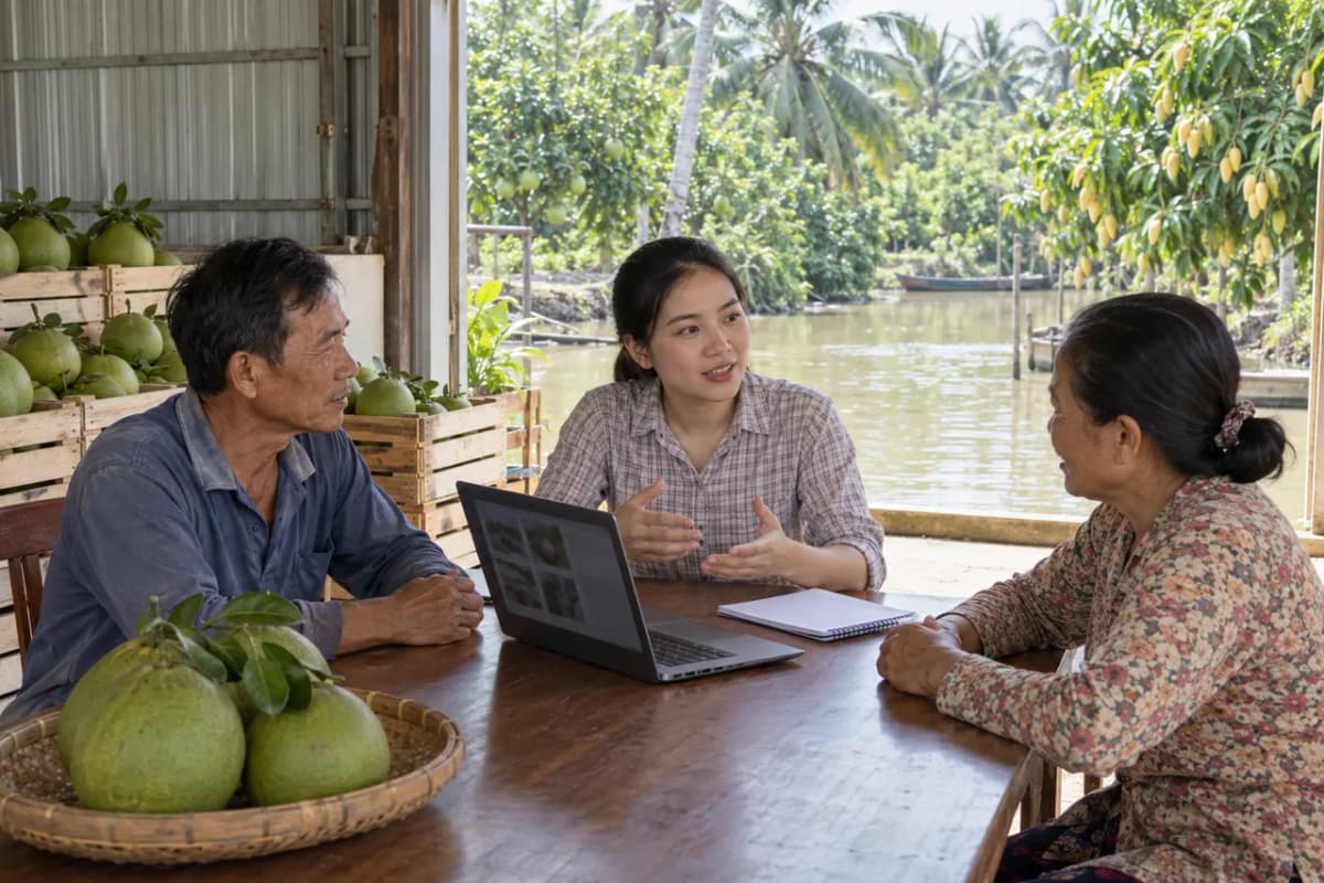 Ảnh minh họa: chị cộng tác viên trao đổi với hai nông dân tại văn phòng hợp tác xã bên kênh