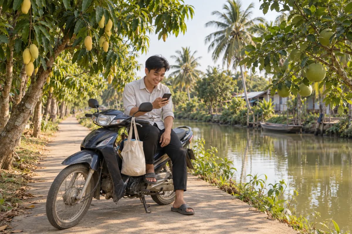 Ảnh minh họa: chàng cộng tác viên trẻ dừng xe máy trên đường dọc kênh, xem điện thoại giữa hai hàng vườn xoài