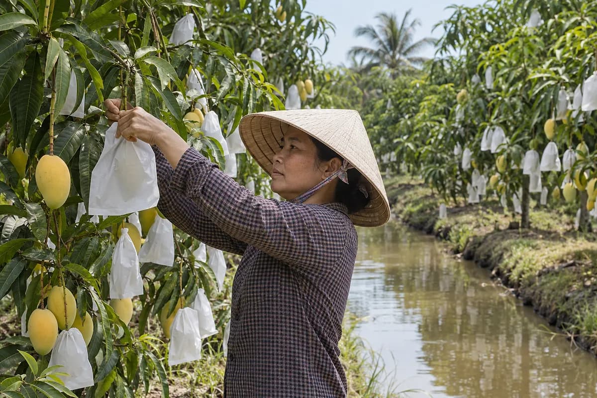 Chị nông dân đội nón lá bọc túi giấy trắng cho trái xoài, bên con mương giữa hai hàng cây