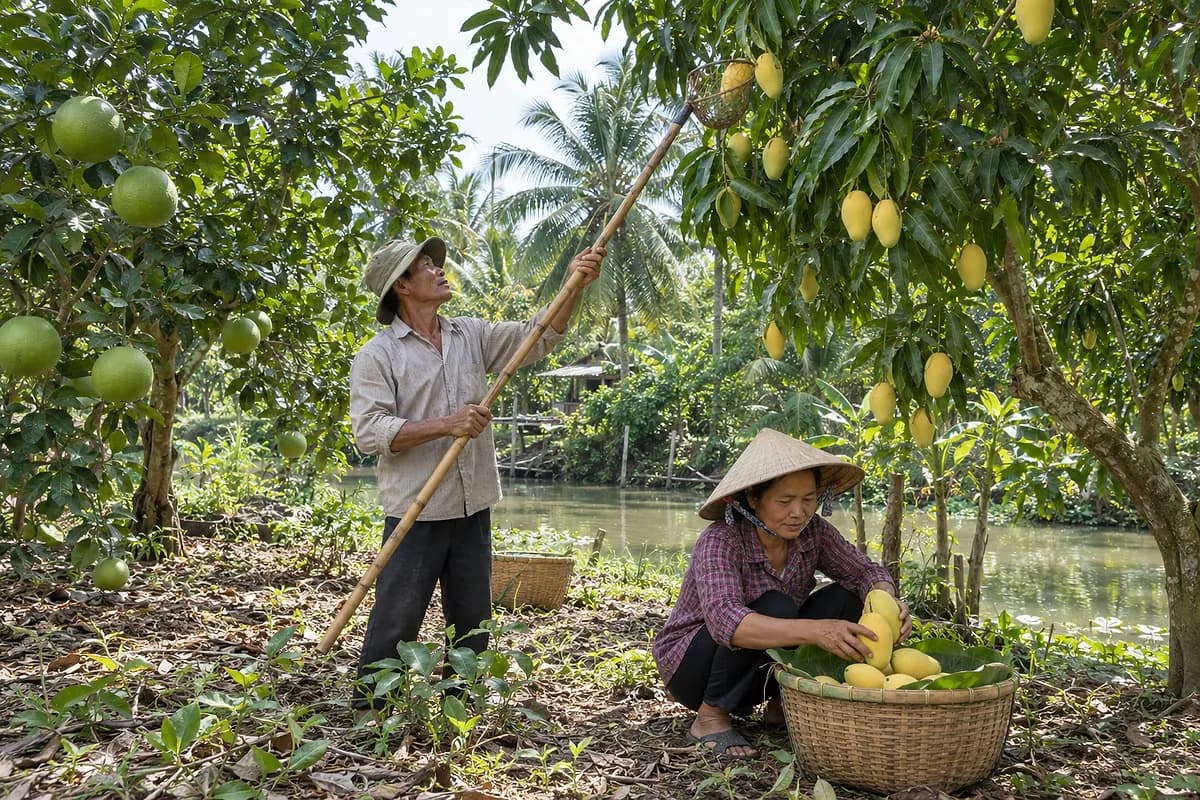 Hai nông dân hái xoài cát chín: một người dùng sào tre có rổ lưới, một người xếp xoài vào giỏ tre lót lá
