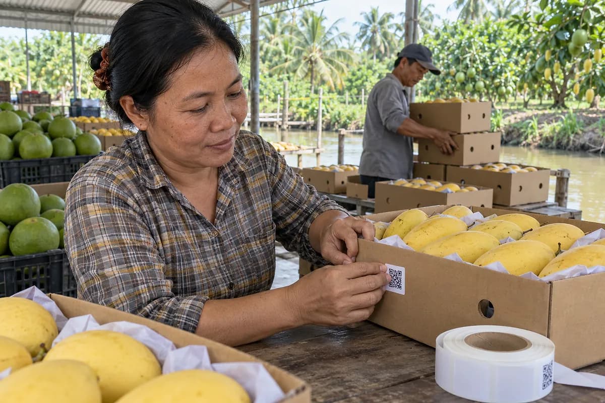 Một chị dán tem mã QR lên thùng giấy đựng xoài cát, phía sau một người đang xếp thùng