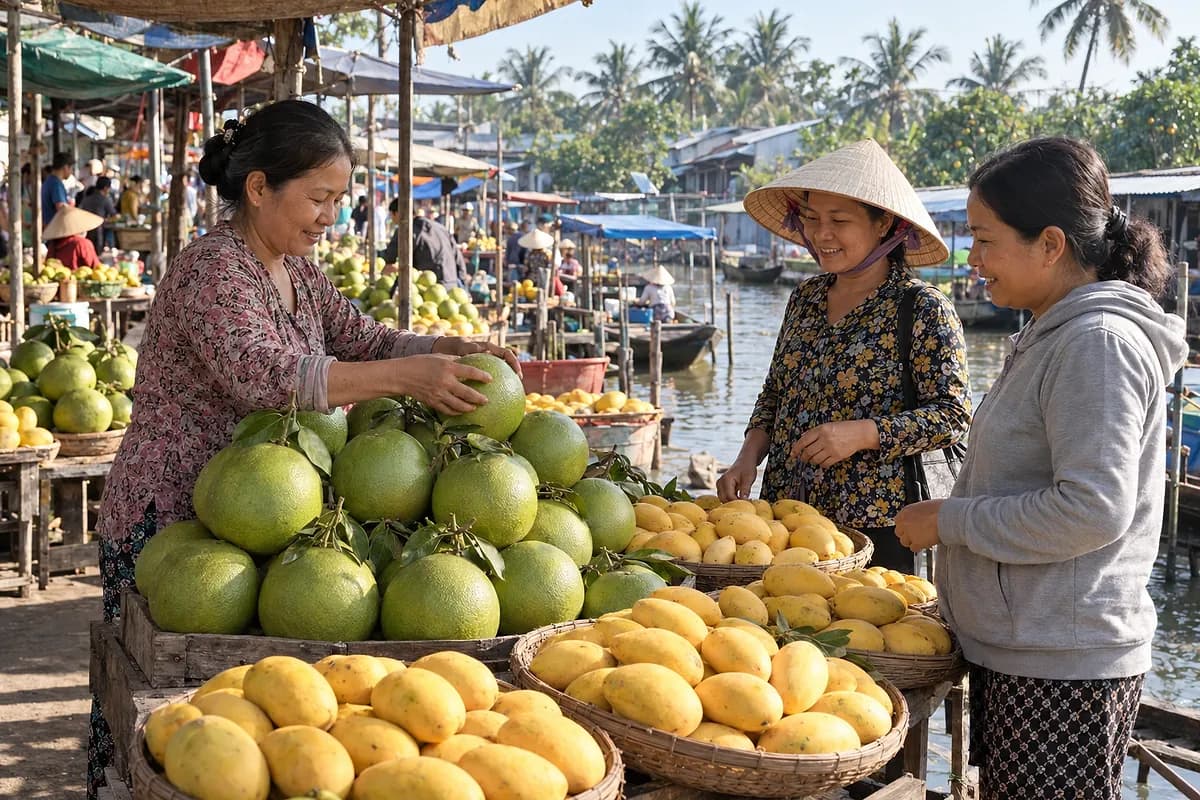Người bán xếp bưởi da xanh trên sạp chợ bên kênh, hai người mua đứng xem rổ xoài cát