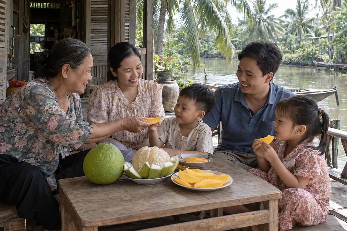 Gia đình ba thế hệ ngồi bên hiên nhà cạnh kênh, bà đưa miếng xoài cho cháu, trên bàn có bưởi đã bóc