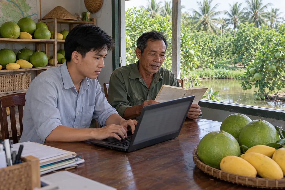 Cán bộ trẻ nhập nhật ký chăm sóc vào máy tính xách tay, bác nông dân đọc lại từ cuốn sổ tay