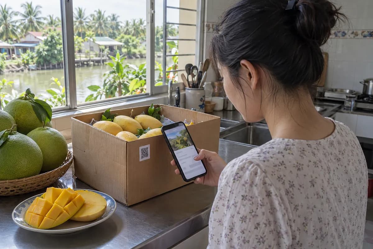 Người mua đứng trong bếp quét mã QR trên thùng xoài vừa nhận bằng điện thoại