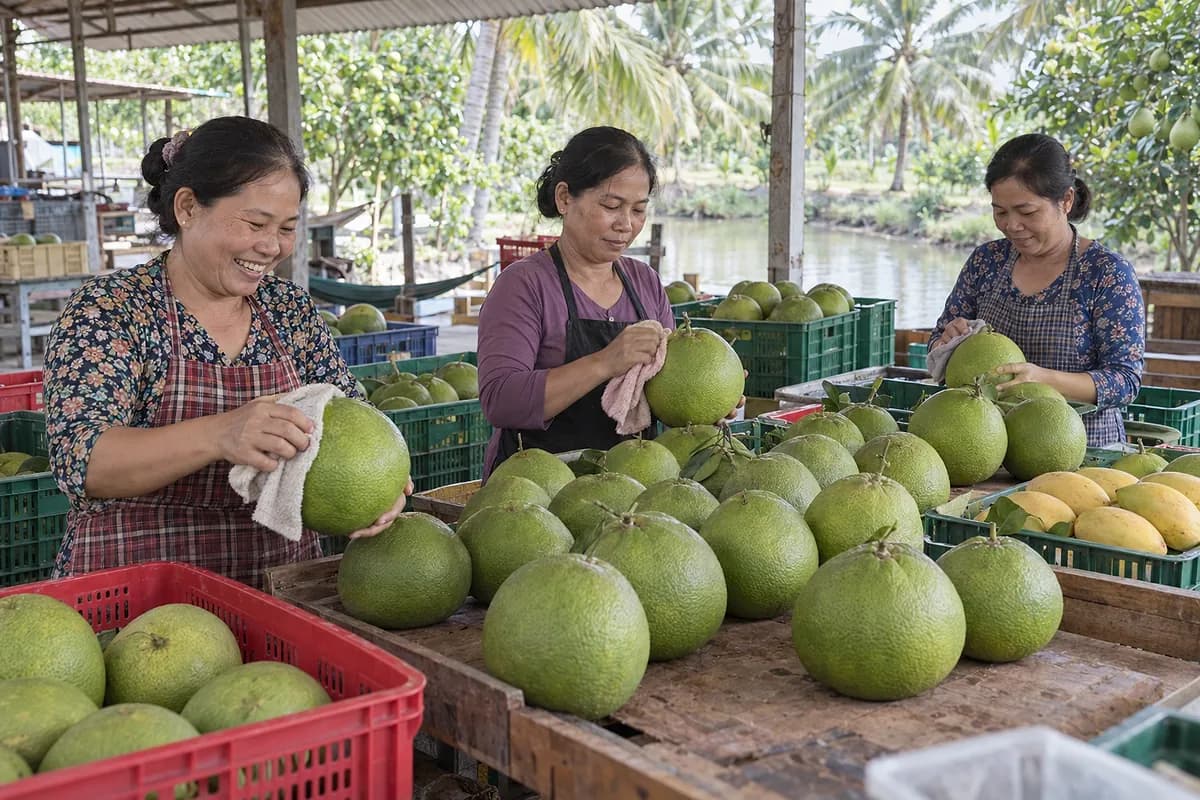 Ba chị xã viên lau bưởi da xanh bằng khăn và xếp trên bàn gỗ ở nhà sơ chế cạnh kênh