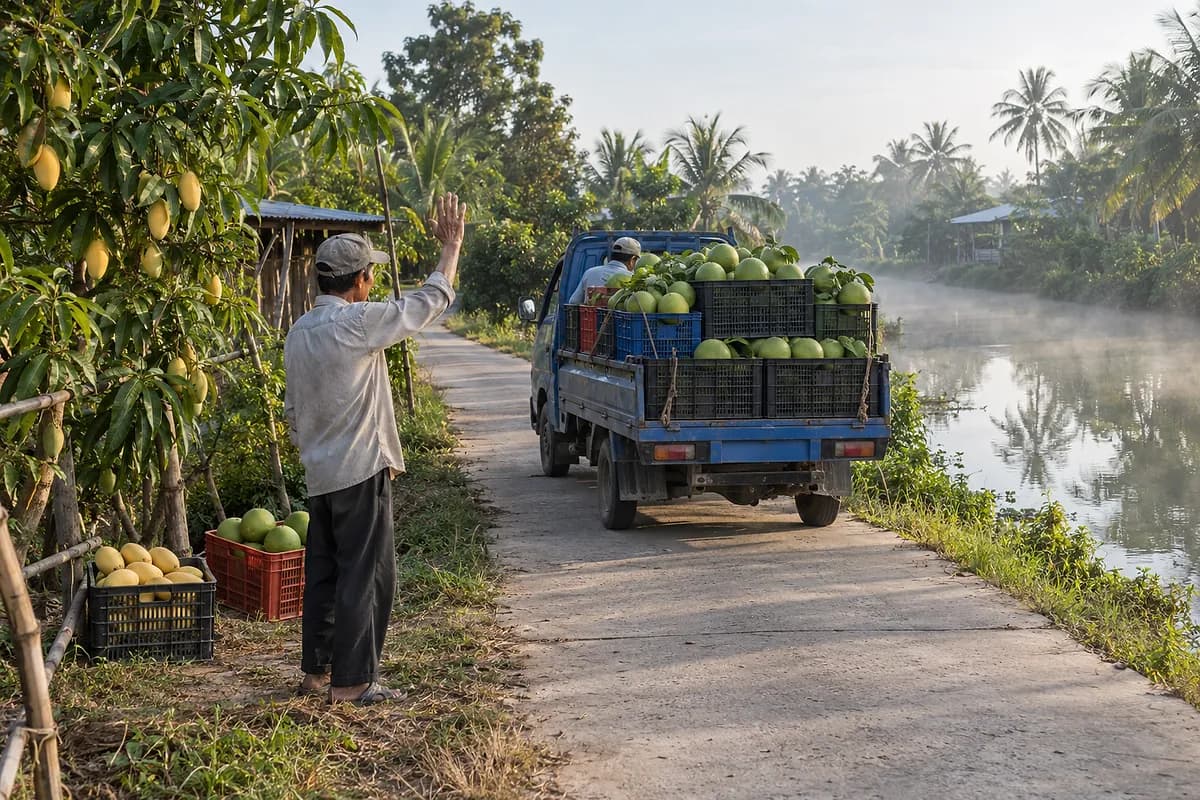 Người nông dân vẫy tay chào chiếc xe tải nhỏ chở sọt bưởi trên đường làng dọc kênh trong sương sớm