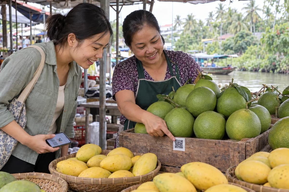 Người mua cầm điện thoại hỏi chị bán hàng, cả hai nhìn tem mã QR trên thùng bưởi da xanh ở sạp chợ ven kênh