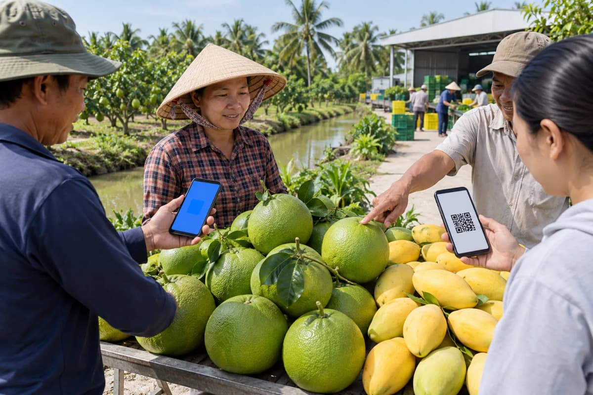 Quét mã QR bằng điện thoại bên sạp bưởi và xoài