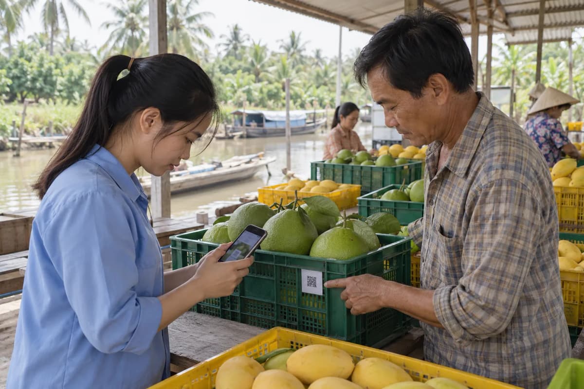 Cán bộ hợp tác xã cầm điện thoại kiểm tra tem mã QR trên sọt bưởi da xanh, bác nông dân chỉ vào tem, ở nhà đóng gói bên kênh