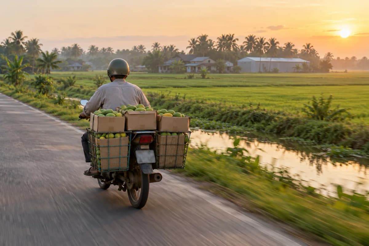 Xe máy chở các thùng trái cây trên đường làng bên ruộng lúa lúc bình minh