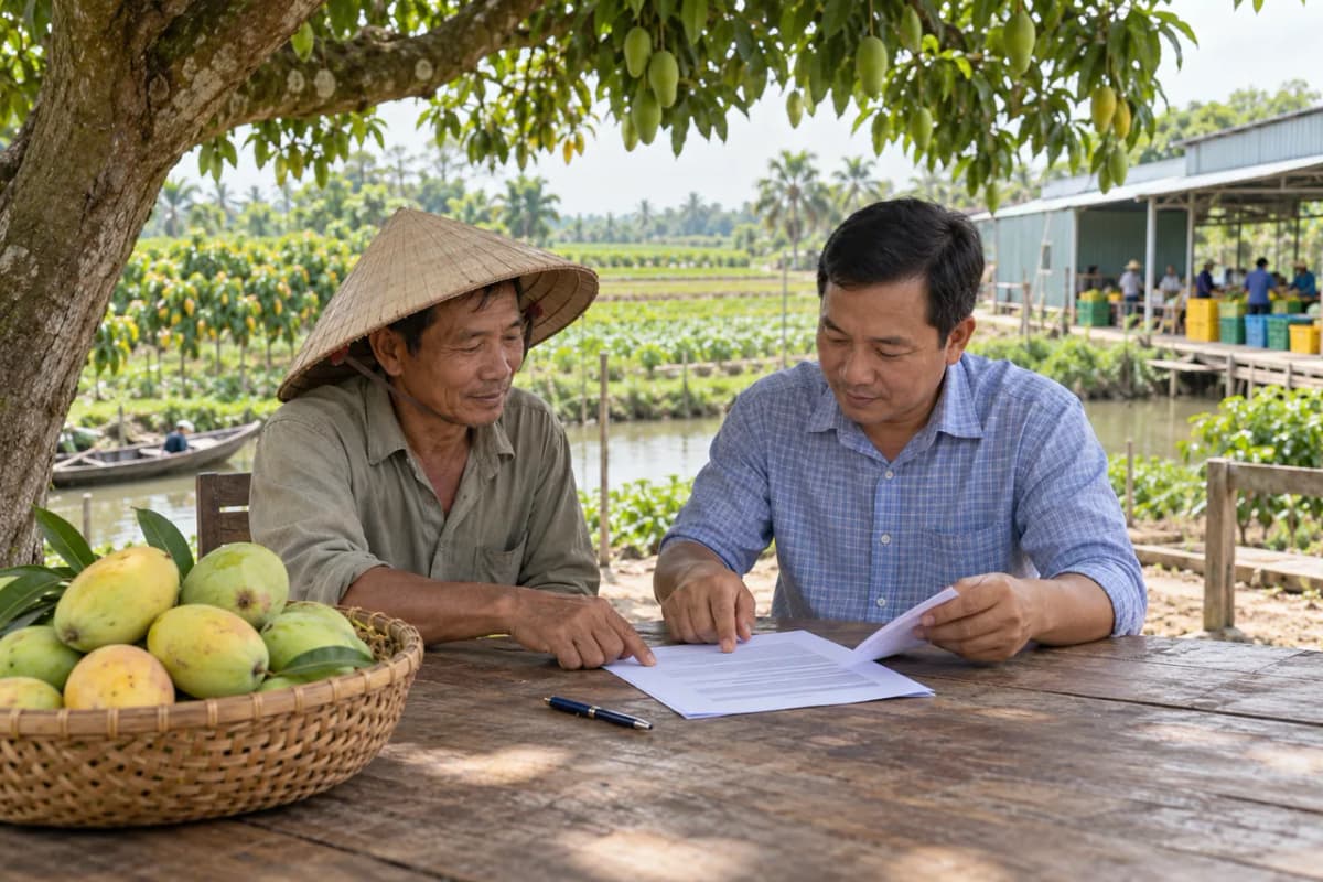 Cán bộ hợp tác xã và nông dân cùng đọc một bản thỏa thuận dưới tán cây