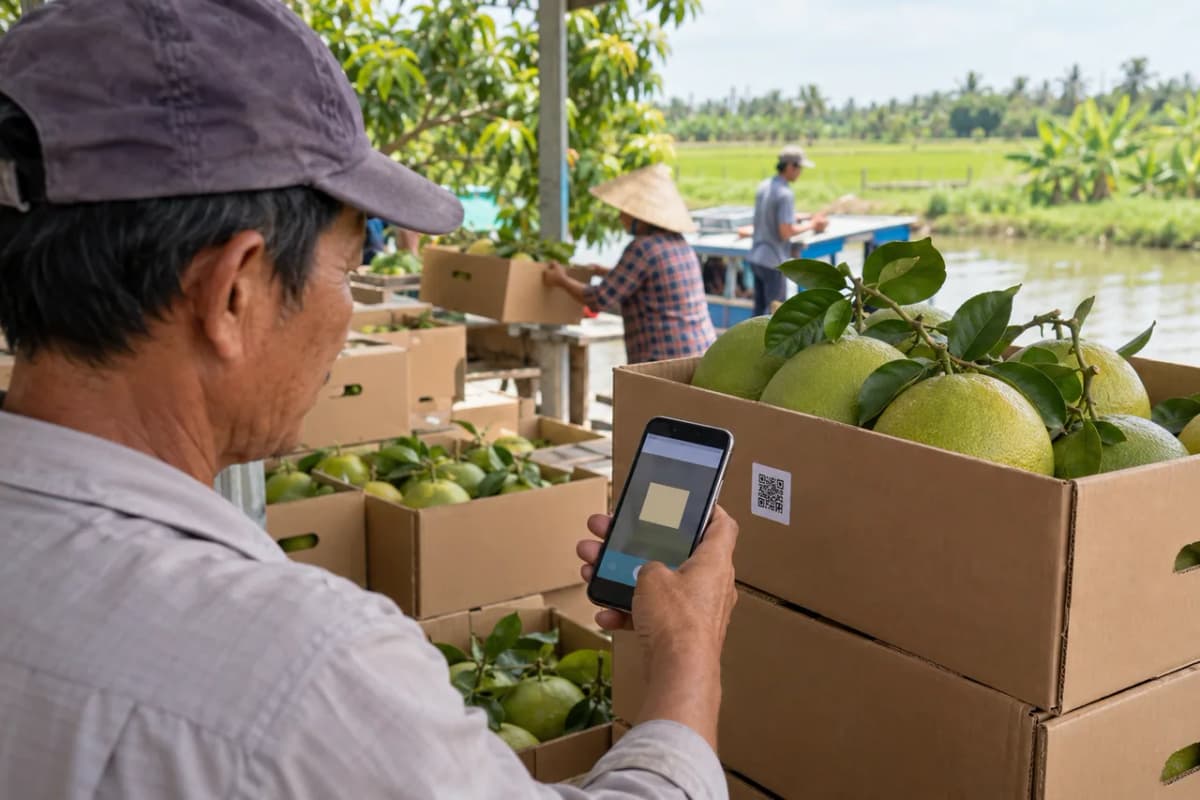 Quét tem QR dán trên thùng bưởi bằng điện thoại
