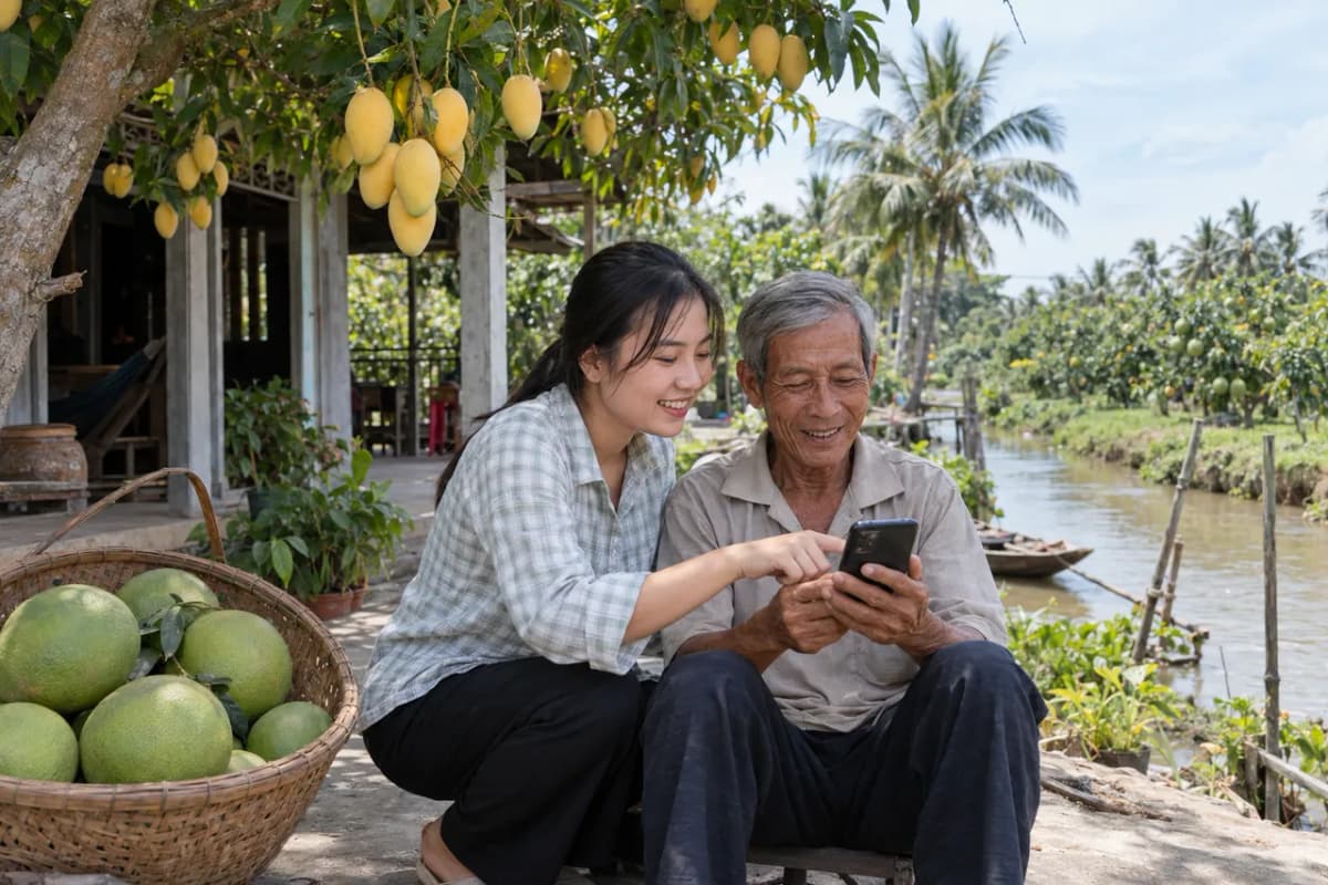 Ảnh minh họa: cô cộng tác viên ngồi cạnh bác nông dân trước nhà bên kênh, hướng dẫn bác đăng ký trên điện thoại