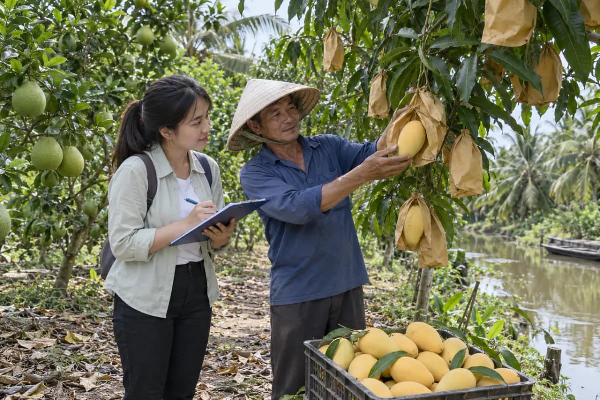 Ảnh minh họa: cộng tác viên ghi chép khi bác nông dân đội nón lá giới thiệu vườn xoài bọc túi