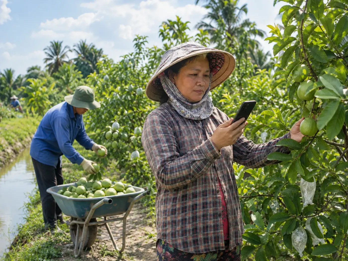 Nông dân dùng điện thoại ghi nhận thông tin ngay tại vườn ổi
