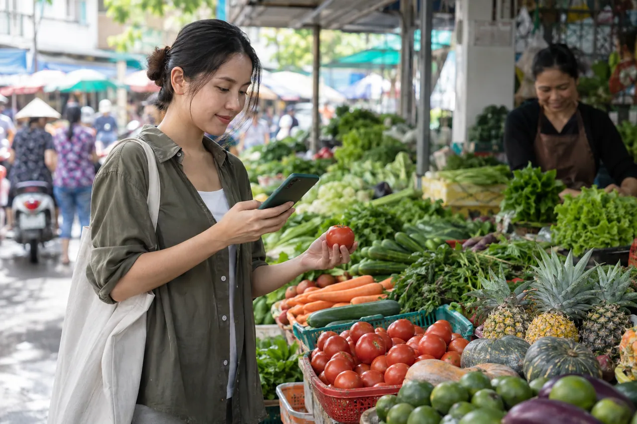Người mua dùng điện thoại tra cứu nông sản tại chợ